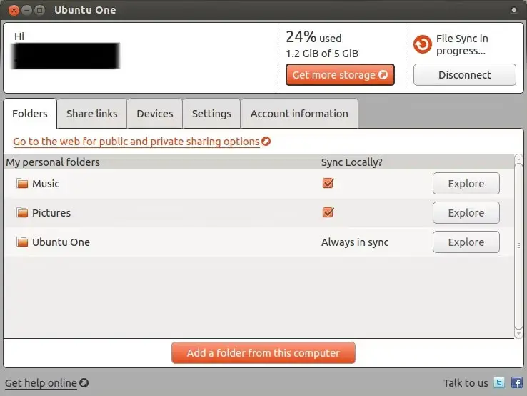 Ứng dụng Ubuntu One hiển thị các thư mục được đồng bộ 